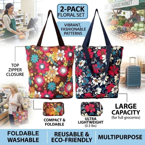 Vista 6 de Bolsas de compras reutilizables para cocina, plegable, con cremallera, diseño floral, resistente, paquete de 2