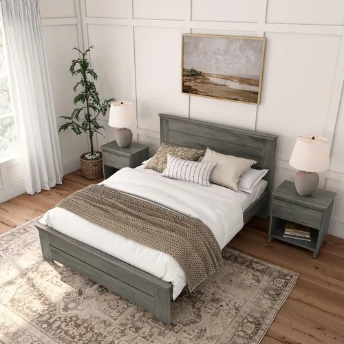 Vista 6 de Max & Lily - Cama Queen moderna de granja con cabecera de panel, cama de plataforma de madera de pino de Nueva Zelanda maciza, acabado en madera
