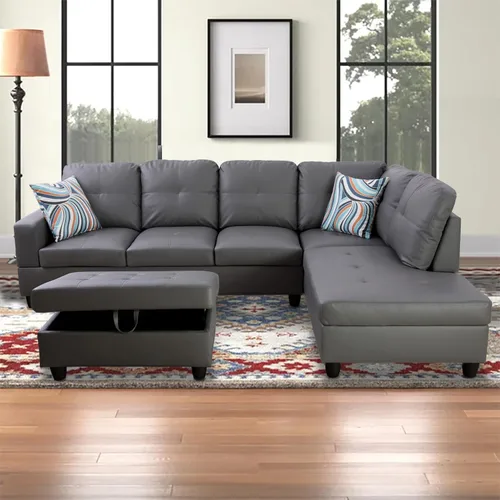 Vista 22 de Sofá modular para sala de estar, sofá seccional de cuero marrón en forma de L con diván y otomano de almacenamiento para sala de estar, B- marrón