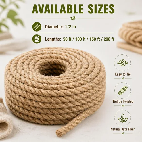 Vista 2 de Cuerda de yute natural gruesa de cáñamo (1/2 pulgada x 50 pies), cuerda de yute fuerte para manualidades, jardinería, hamaca para decoración