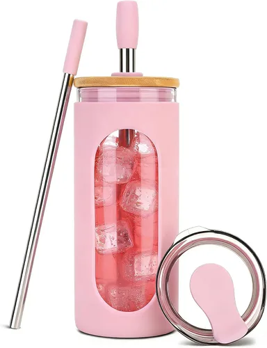 Vista 17 de Sursip - Vaso de vidrio de 20 oz con tapas y popotes, taza de café helado reutilizable de vidrio de borosilicato con tapa de bambú para batido, jugo