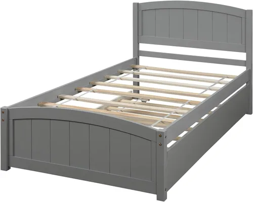 Vista 4 de Merax Cama de plataforma de madera con nido – Cama individual soporte de listones de madera, no necesita somier, gris