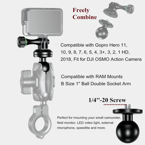 Vista 5 de BRCOVAN - Adaptador de montaje en trípode para cámara de bola de 1 pulgada Compatible with RAM Mounts B Size 1 Inch Ball Double Socket Arm, for