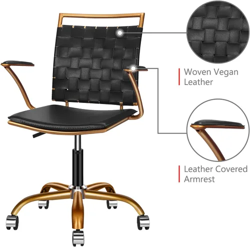 Vista 3 de Silla de escritorio negra y dorada, silla giratoria ergonómica de escritorio para computadora con brazos, silla ergonómica de cuero negro