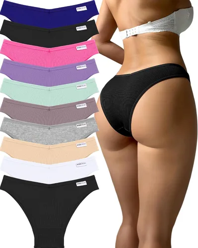 Vista 10 de FINETOO Ropa interior de algodón para mujer, sexy, elástica, de tiro bajo, hipster, suave, con cintura en V Negro