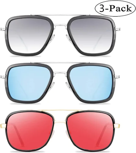 Vista 2 de Tony Stark - Paquete de 3 lentes de sol para hombres y mujeres, estilo aviador, marco de metal cuadrado, lentes de araña para hombre