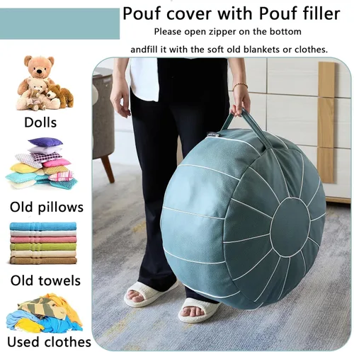 Vista 3 de Louis Donné Funda de Puf Otomano Marroquí SIN RELLENO de 21 Pulgadas, Reposapiés de Cuero Sintético Hecho a Mano, Funda de Puf Redondo