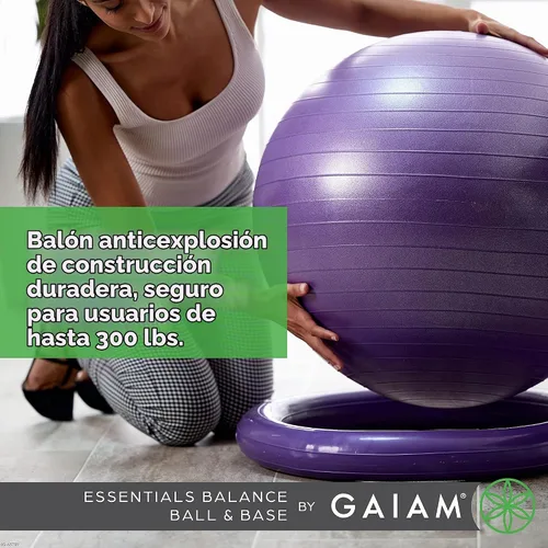 Vista 4 de Kit de pelota de equilibrio y base Gaiam Essentials, silla de pelota de yoga de 65 cm, pelota de ejercicio con base de anillo inflable para el Negro