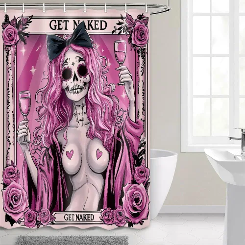 Vista 2 de Divertida cortina de ducha de esqueleto de calavera rosa, para Halloween, gótica, rosa, rojo, rosa, floral, vino tinto, terror, terror, cortina