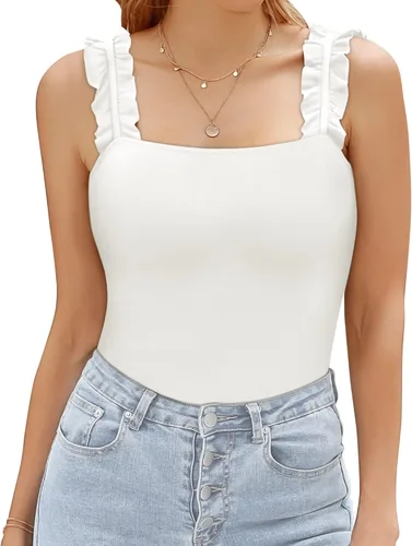 Vista 2 de MANGOPOP Body de tirantes elásticos con cuello cuadrado y volantes para mujer