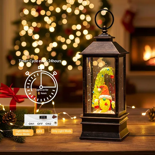 Vista 4 de Gnomos de Navidad de 10 pulgadas, linterna de globo de nieve iluminada, caprichoso árbol de Navidad y elfo escandinavo, linterna de agua musical