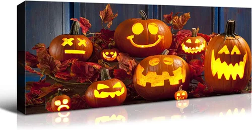 Vista 11 de Denozer - Decoración de pared de calabaza de Halloween, pósteres de regalo, decoración del hogar, arte de pared, imágenes en lienzo HD, estiradas
