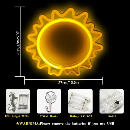 Vista 5 de Letrero de neón para decoración de pared, estético, amarillo, para dormitorio, USB/3-AA, funciona con pilas, luz nocturna para decoración de luz
