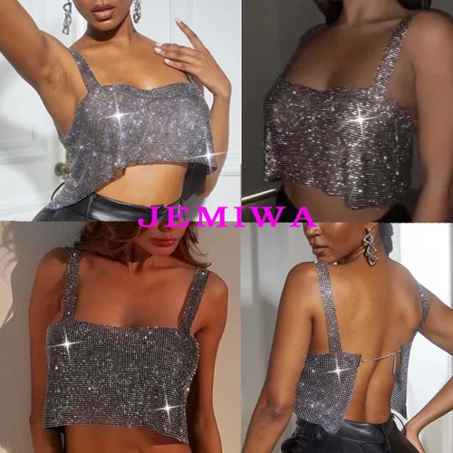 Vista 6 de Top corto de lentejuelas brillantes, bikini plateado halter de metal, cadena para el cuerpo, sin negro, playa, rave, club, cadenas de pecho