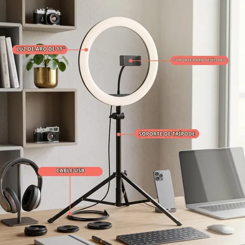 Vista 7 de SQUATZ Anillo de luz LED de 11 pulgadas para selfie de 12 W con control por cable, 3 modos de color, 10 niveles de brillo, soporte de trípode con 6