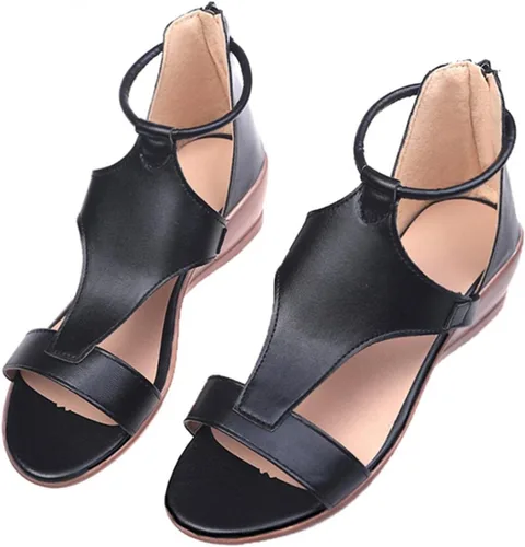 Vista 5 de NOLDARES Sandalias romanas para mujer, sandalias de cuña con puntera abierta, con cremallera, color puro, sandalias de piel sintética