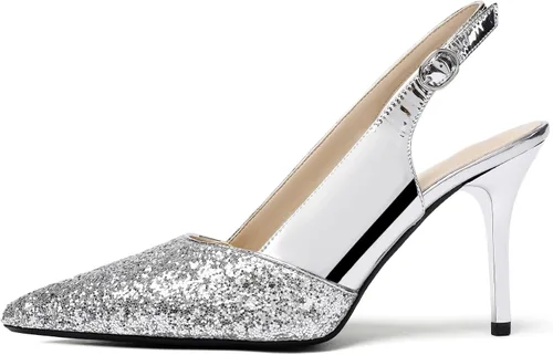 Vista 3 de SAMMITOP Zapatos de tacón alto con purpurina de charol para mujer, punta puntiaguda, zapatos de tacón alto para fiesta, boda, graduación