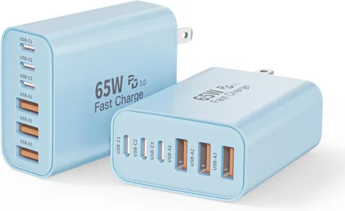 Vista 11 de Bloque de cargador USB C de 65 W, 2 unidades de 6 puertos Apple USB C GaN adaptador de corriente PD de carga rápida + enchufe de pared QC