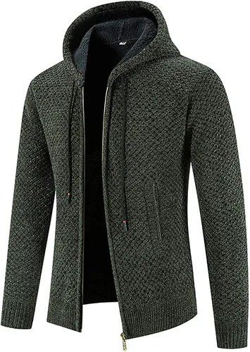 Vista 3 de Chaqueta de punto para hombre, manga larga, ajuste regular, con capucha, casual, holgada, con cordón #01 Verde Ejército