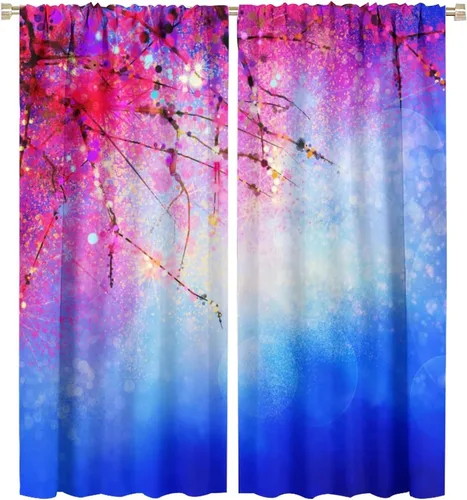 Vista 32 de Cortinas opacas con diseño floral de galaxia azul abstracta para dormitorio, cortinas de ventana de teñido anudado con diseño de flor de cerezo