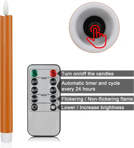 Vista 5 de CVHOMEDECO. Velas cónicas sin llama de cera real con control remoto de 10 teclas, funciona con pilas, luces LED parpadeantes 3D para ventana Naranja