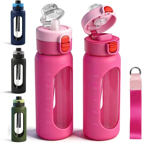 Vista 14 de ANOTION Botella de agua de vidrio de 24 onzas con popote y funda de Negro