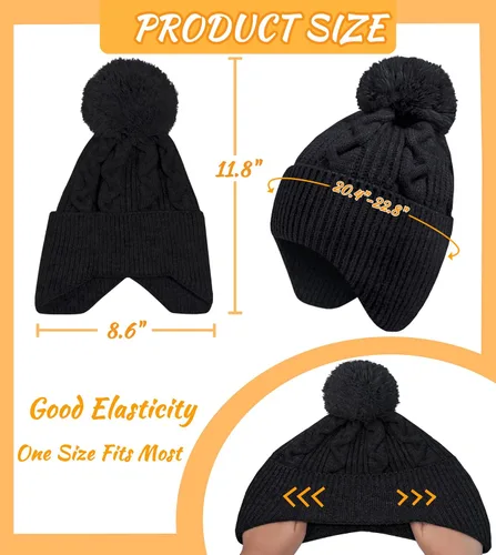 Vista 4 de KMOLY Gorro de punto de invierno para mujer con pompones, gorro de calavera cálido con solapas para las orejas para mujer