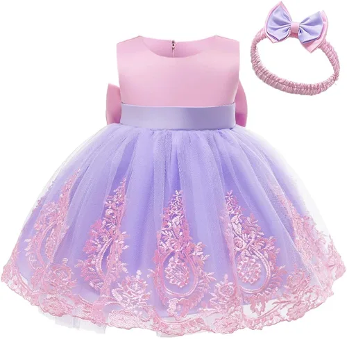 Vista 3 de Vestidos de encaje para desfile de bebé de 1-6 años vestido bordado con tocado