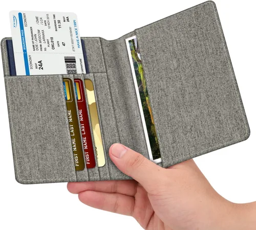 Vista 2 de Fintie - Funda para tarjetas y pasaporte, de piel sintética, bloqueo RFID, cartera de viajes (mezclilla gris)