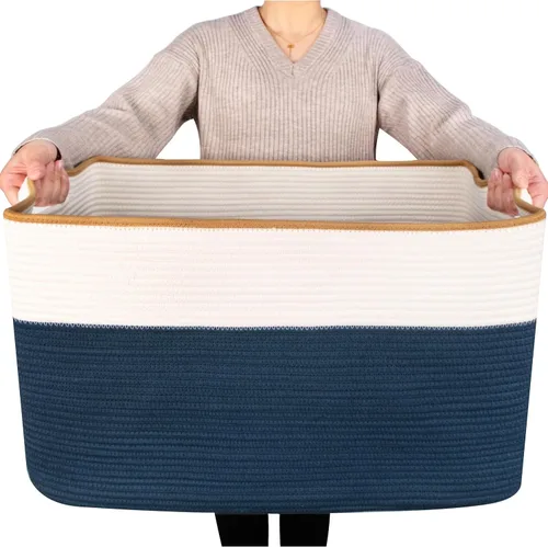 Vista 13 de MINTWOOD Design Canasta de manta extra grande de 22 pulgadas para sala de estar, canasta de almacenamiento tejida de cuerda rectangular con asas