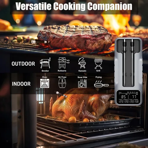 Vista 2 de Termómetro inalámbrico de doble sonda para carne, para asar a la parrilla, ahumar, barbacoa, termómetro inteligente habilitado con Bluetooth con 2