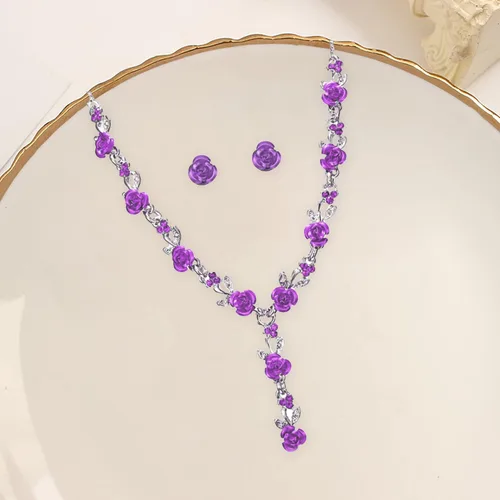 Vista 6 de Aishgjia Collar largo de oro para mujeres y niñas, colgante de rosa de oro, joyería de flores, juego de aretes colgantes para fiesta de cumpleaños