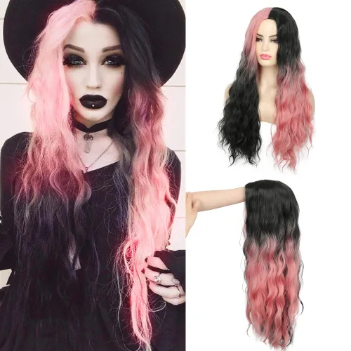 Vista 9 de Swiking Pelucas largas de color verde y negro para mujer, pelucas de cabello ondulado natural ombré verde sintético de fibra suave para fiesta