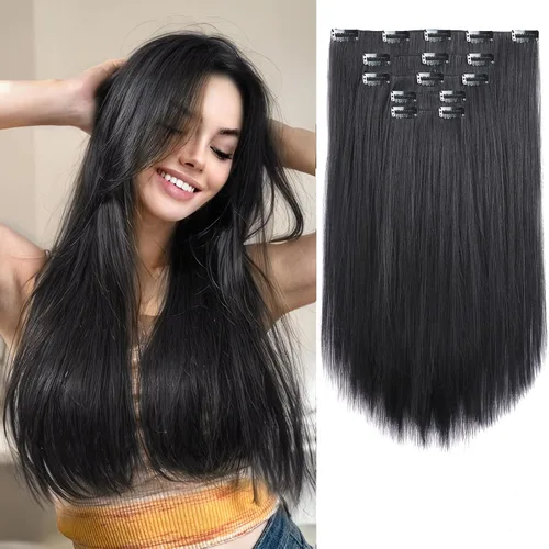 Vista 29 de Extensiones de cabello sintético con clip, color burdeos de 18 pulgadas de largo, invisibles, gruesas, extensiones de cabello lacio con clips, 5