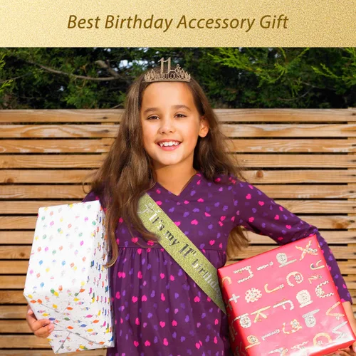 Vista 5 de EBE EmmasbyEmma Banda y tiara de cumpleaños número 11 para niñas, fabulosa banda con purpurina + fabulosa tiara de metal dorada de diamantes