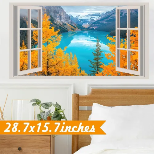 Vista 8 de Calcomanías de pared 3D de naturaleza falsa para ventanas, bosque de otoño, árbol, murales de pared, calcomanías para despegar y pegar, calcomanías