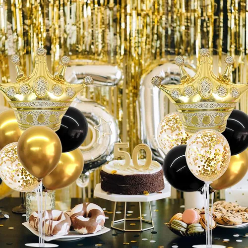 Vista 4 de TONIFUL - Juego de 4 centros de mesa con corona, color negro y dorado Globo de corona de aluminio para cumpleaños, graduación, aniversario