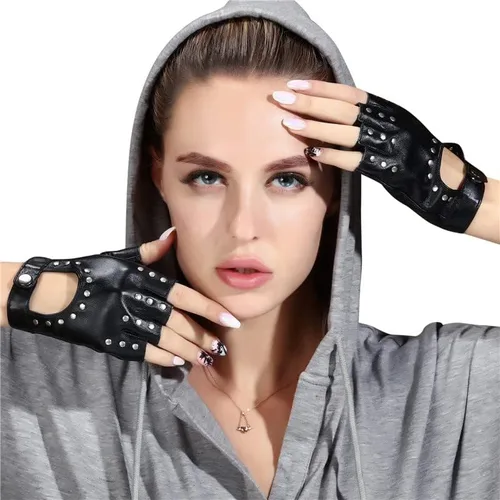 Vista 2 de FLORVIV Guantes negros sin dedos de piel sintética gótica gótica cosplay disfraz punk Halloween actuación para mujeres