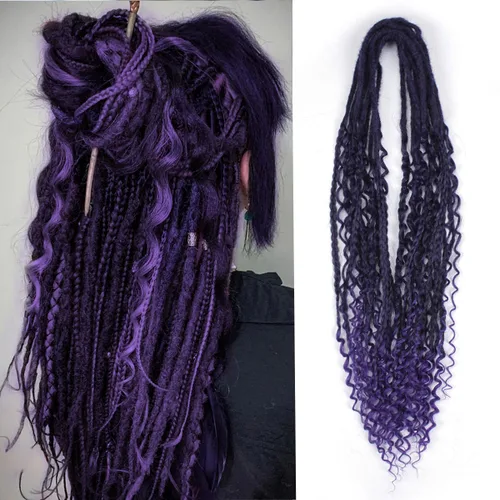 Vista 40 de Extensiones de rastas trenzadas bohemias de 24 pulgadas, 10 hebras de rastas sintéticas rizadas color marrón degradado con trenza de caja, rastas