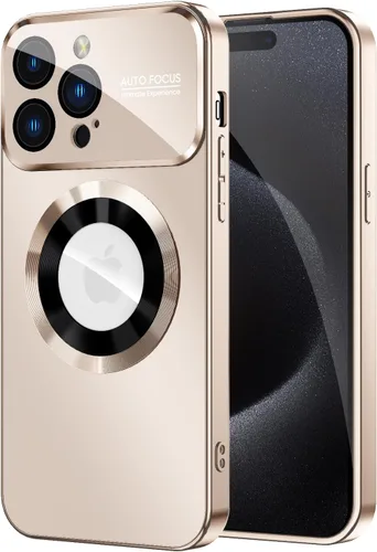Vista 9 de MAKAVO Funda magnética para iPhone 15 Pro Max, compatible con MagSafe, protector de lente de cámara integrado, vista de logotipo, cubierta de Negro