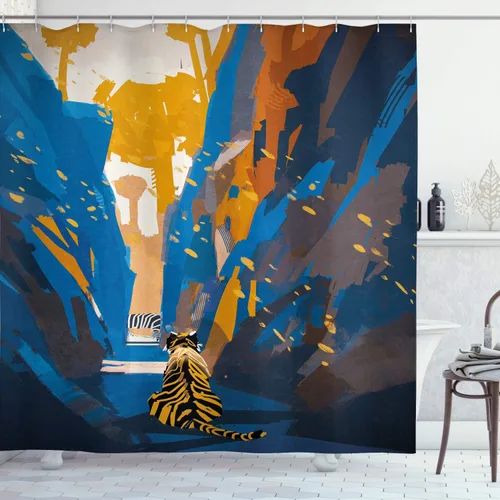 Vista 48 de Ambesonne Cortina de ducha con diseño de ciervo, silueta de animales del bosque brumoso en la naturaleza, diseño de dibujos animados, decoración