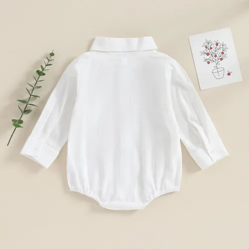 Vista 3 de Mameluco de camisa con botones para bebé, mameluco de burbujas con solapa blanca, color sólido, básico, ropa