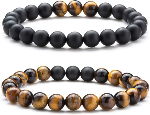 Vista 12 de Pulsera elástica Hamoery con cuentas naturales de ojo de tigre de 8 mm, para mujer y hombre Juego de 2 piezas 1-21018