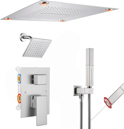 Vista 11 de VANFOXLE - Juego de grifo de ducha dorado cepillado, grifo de ducha con 2 en 1 de mano, cabezal de ducha LED de 16 pulgadas, cabezal de ducha de 6
