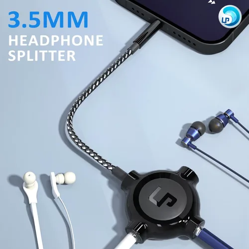 Vista 2 de LP Divisor de auriculares, divisor estéreo de audio trenzado de nailon de 0.138 pulgadas, macho a 3 puertos hembra para MacBook, Mac, iPad, iPhone