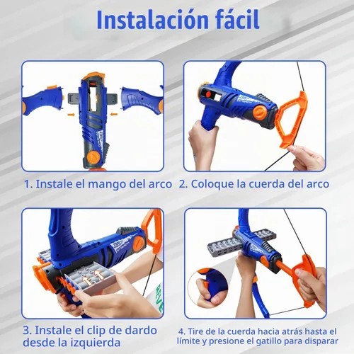 Vista 2 de Arco y flecha de juguete para balas de pistola Nerf, juego de tiro con bala de espuma de 12 dardos con 36 dardos de espuma, 1 gafas y objetivo Azul