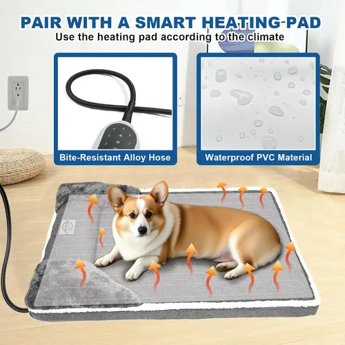 Vista 6 de Cama térmica para perros de 20x20 pulgadas, colchón de felpa con 9 niveles ajustables, funda extraíble lavable a máquina, fondo antideslizante, gris