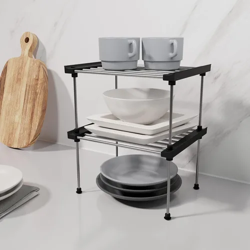 Vista 2 de carrotez Estante organizador de gabinete, juego de 2 estantes apilables para mostrador de cocina, organizadores y almacenamiento de gabinetes