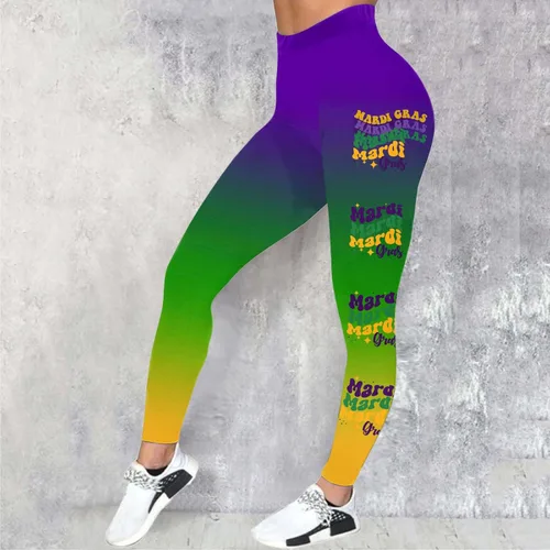 Vista 2 de Leggings de Mardi Gras para mujer, con bloques de color, gráficos, cintura alta, elásticos, para carnaval, festivales, fiestas, pantalones de yoga