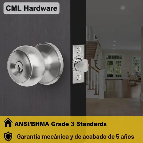 Vista 8 de CML Hardware Juego de pomos de puerta de entrada con llave, cerradura de puerta de entrada en acero inoxidable sólido para exterior e